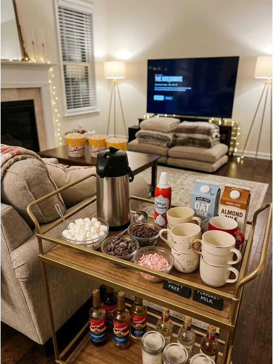 A hot cocoa station on a bar cart in a living room.