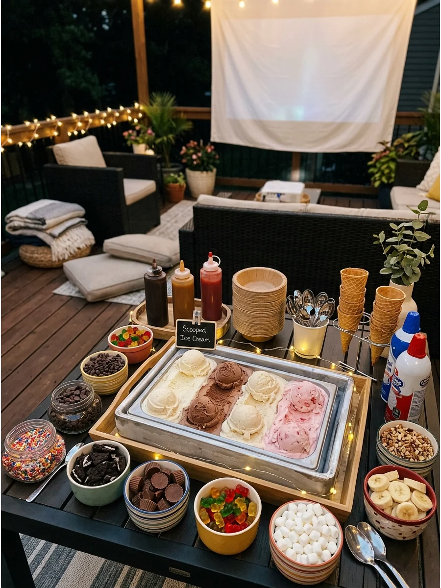 An ice cream sundae station on an outdoor patio table.