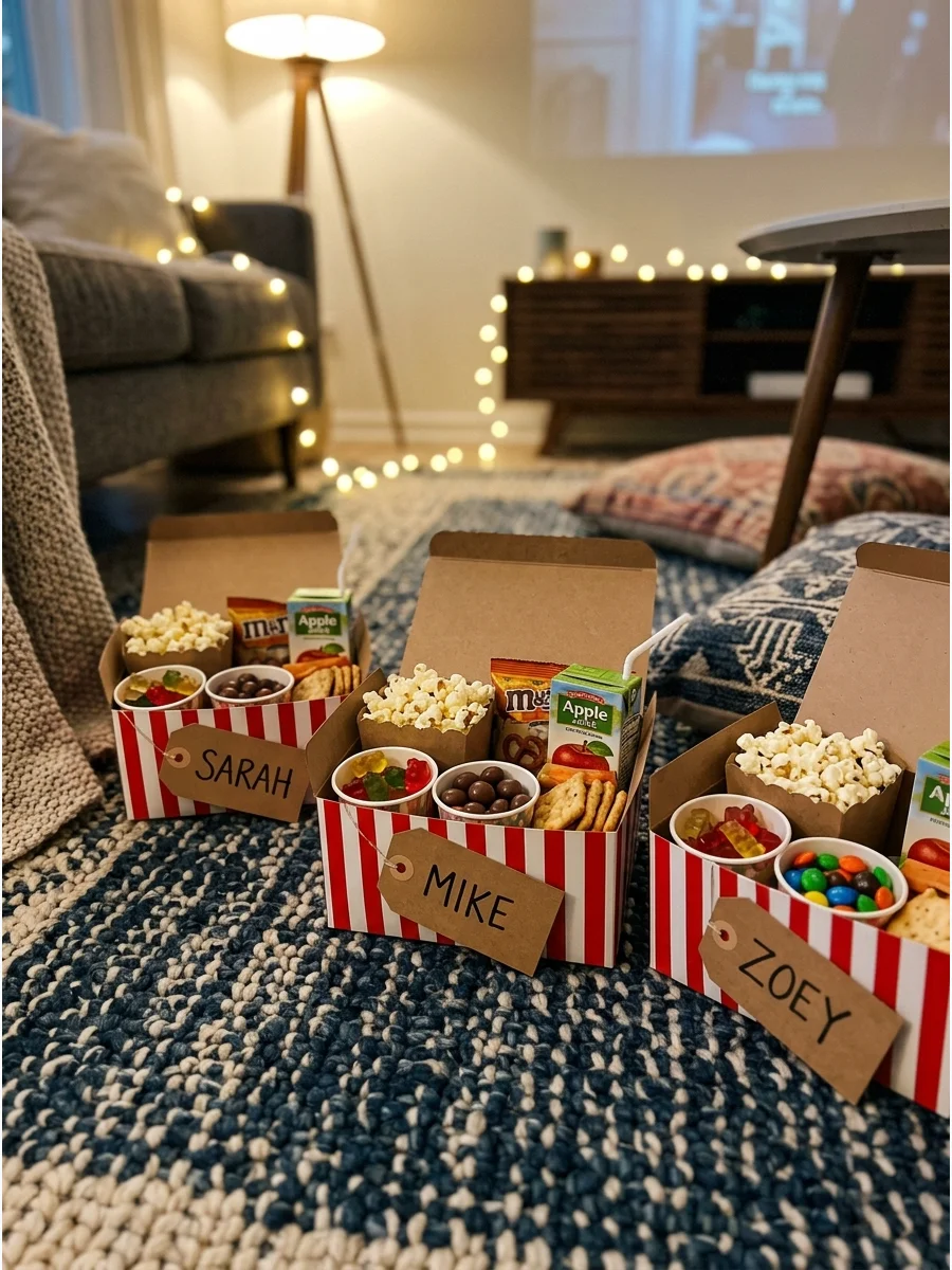 Individual movie snack boxes arranged on a living room floor.