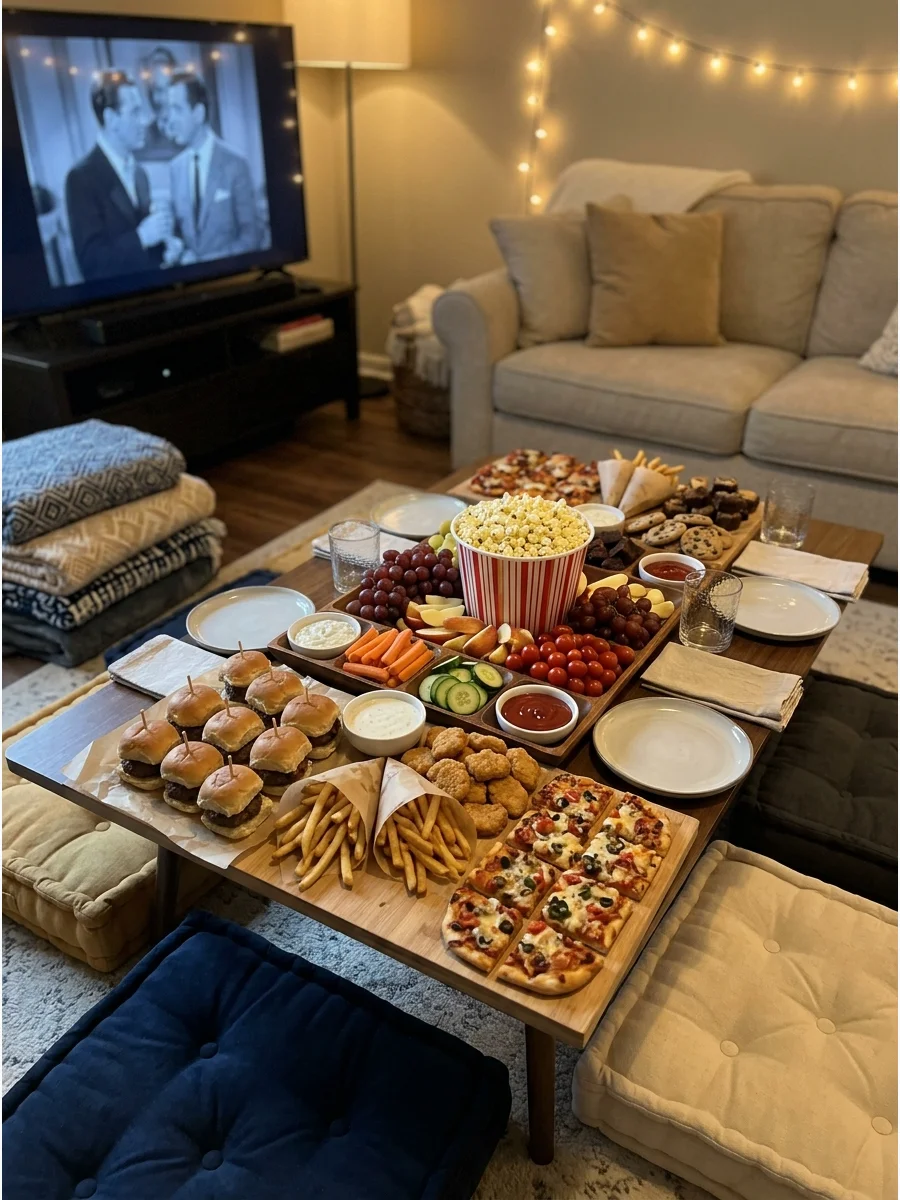 A large dinner grazing board with sliders and fries on a coffee table.