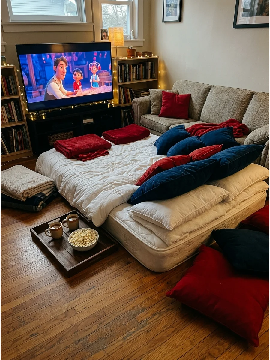A mattress placed on the living room floor for a comfortable movie viewing experience.