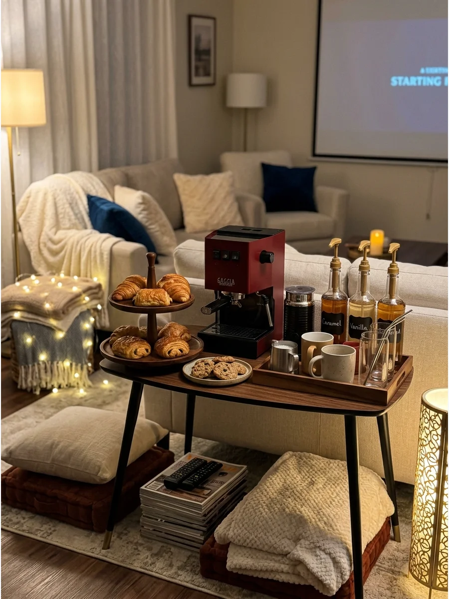 A home café setup with coffee and pastries on a side table.