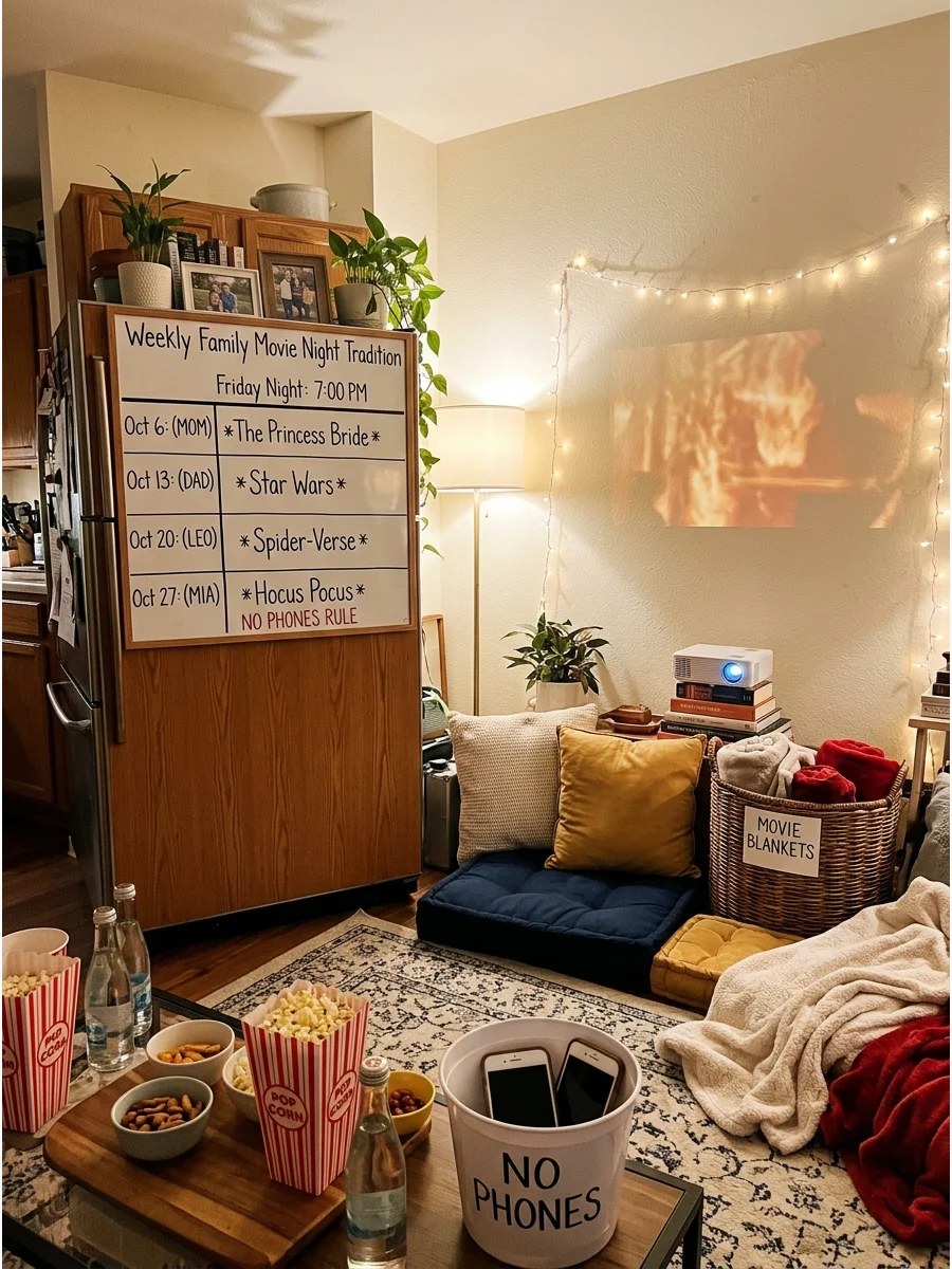 A refrigerator calendar with weekly movie night rotations.