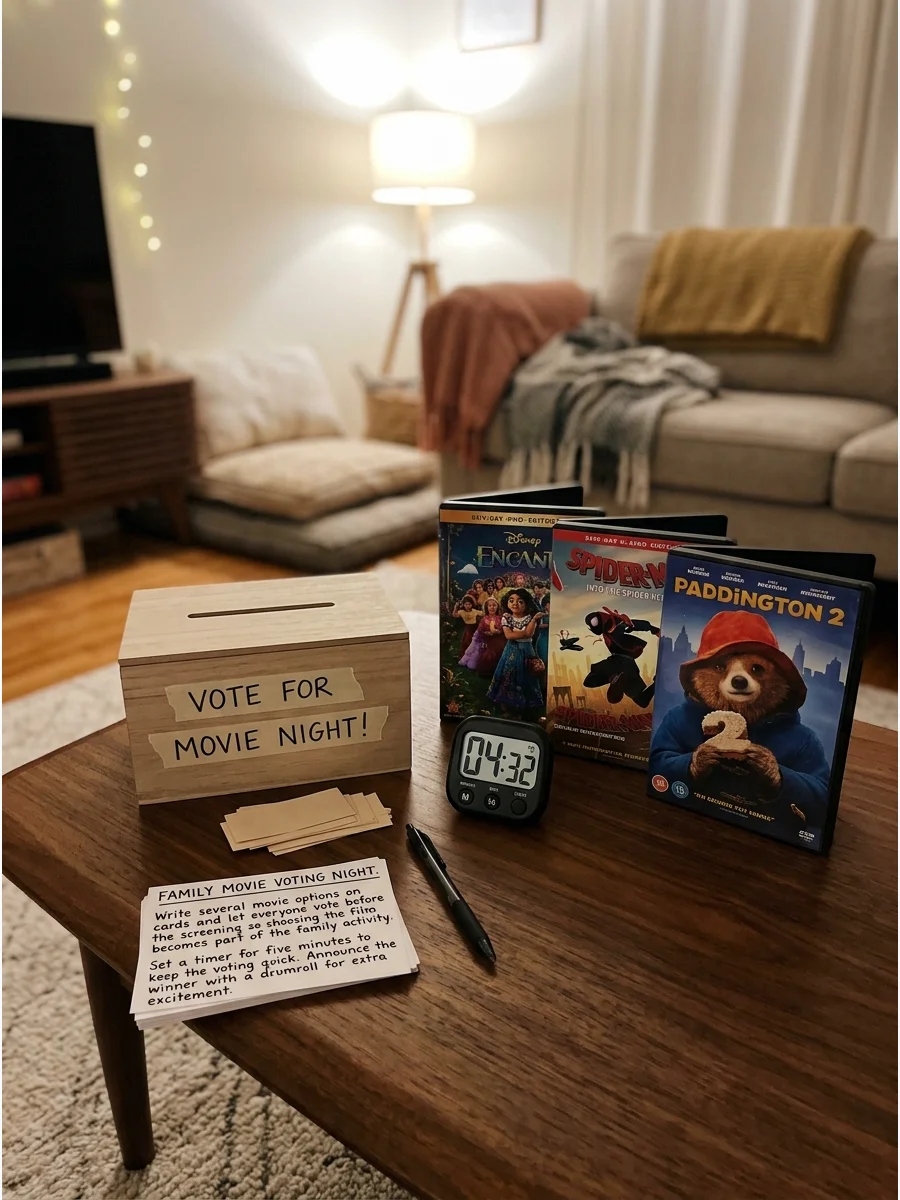 A voting box and movie choices on a coffee table.