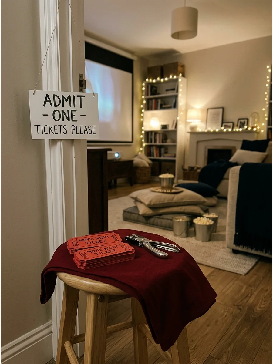 A simple ticket booth setup at a living room entrance.