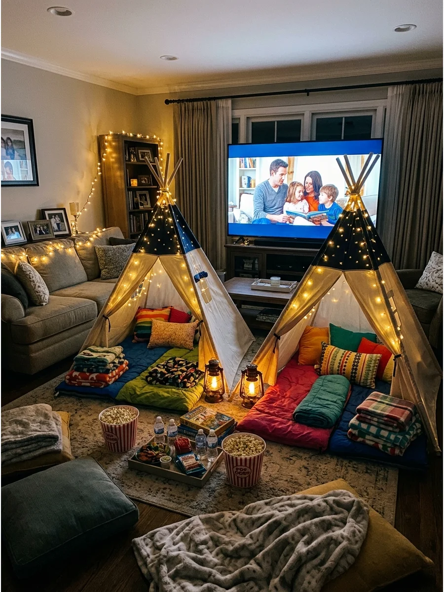 Indoor teepees set up for a movie night in a living room.