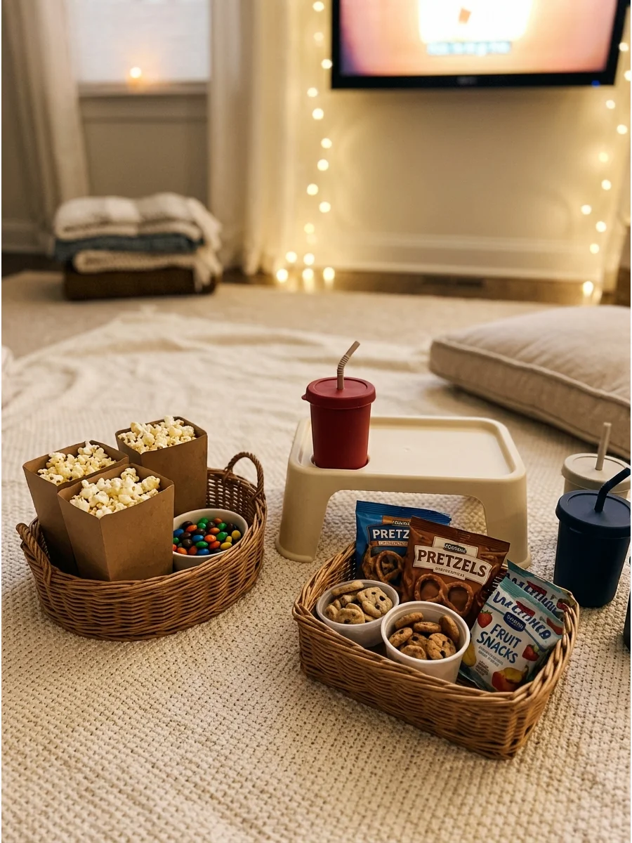 An indoor picnic setup with blankets and snack baskets.