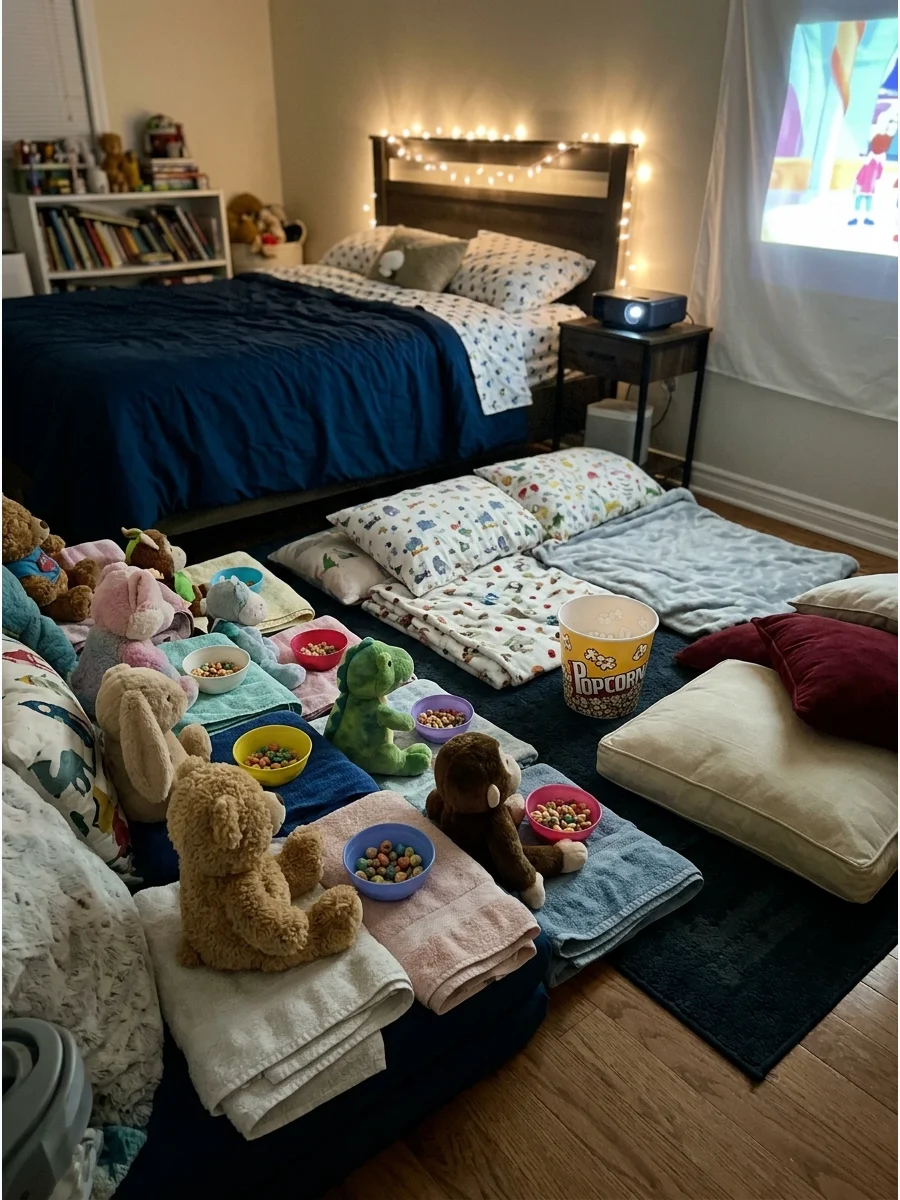 Stuffed animals arranged in mini seats for a movie.