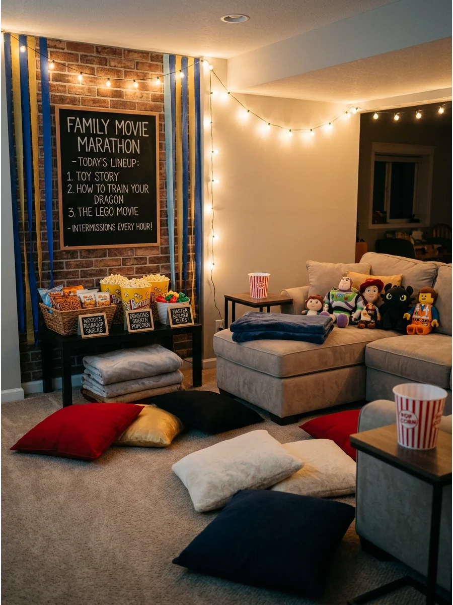 A basement setup for an animated movie marathon.