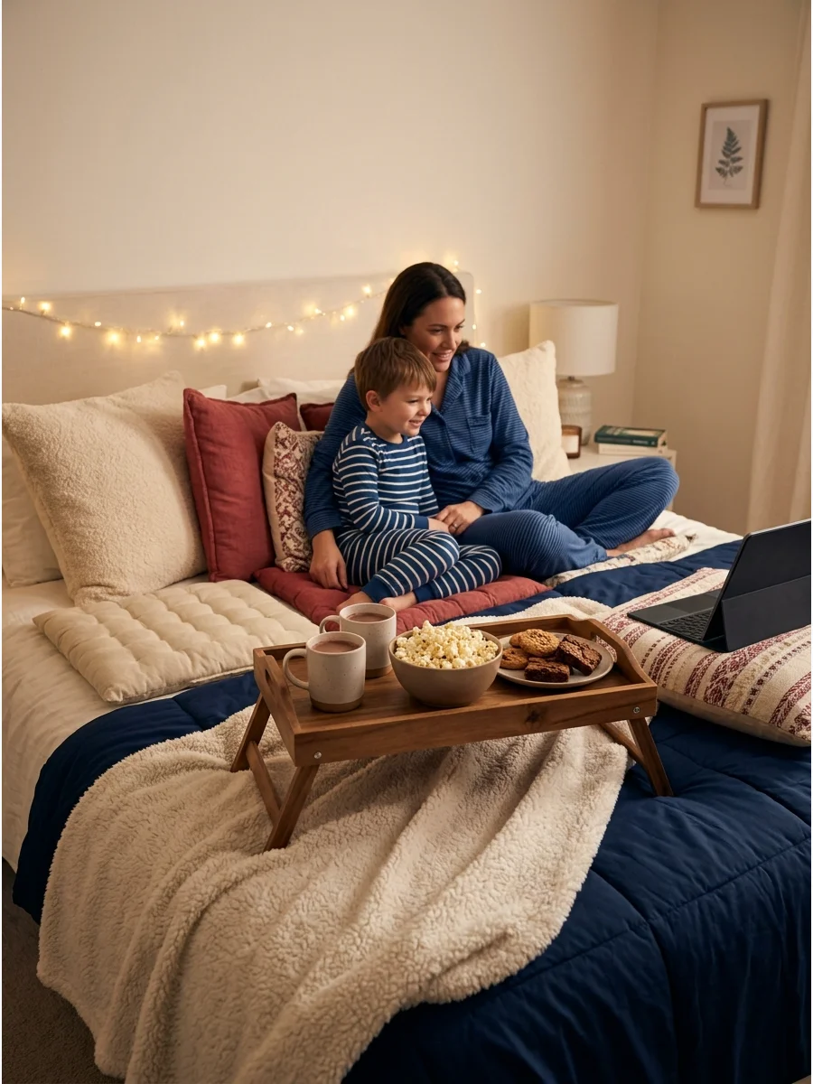 A cozy movie date setup on a bed for two people.