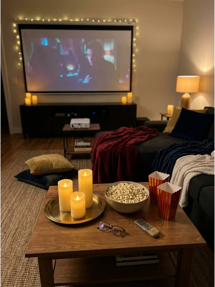 Flameless candles of different heights on a coffee table providing warm light for a movie night.