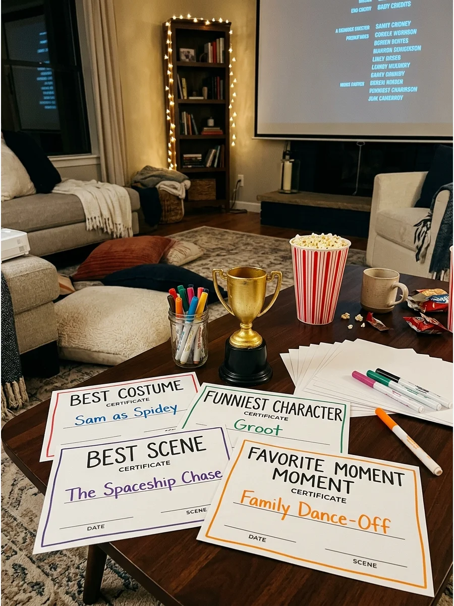 Paper movie awards and a small trophy on a table.