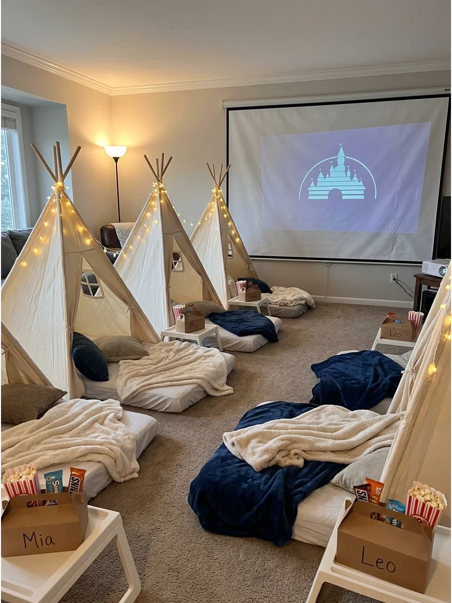 Small white teepees with mattresses and blankets arranged for a movie night sleepover.