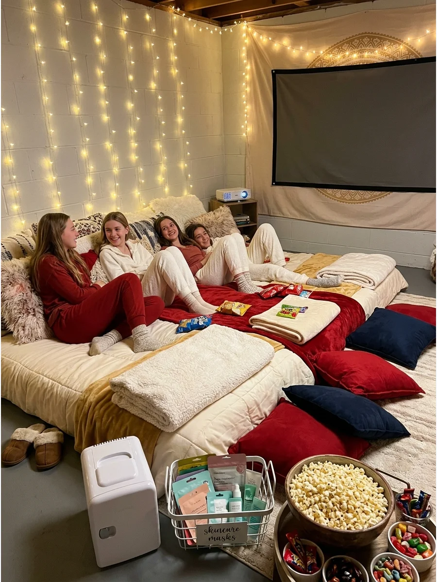 Cozy pink and cream floor seating area with pillows and snacks for a girls movie night.