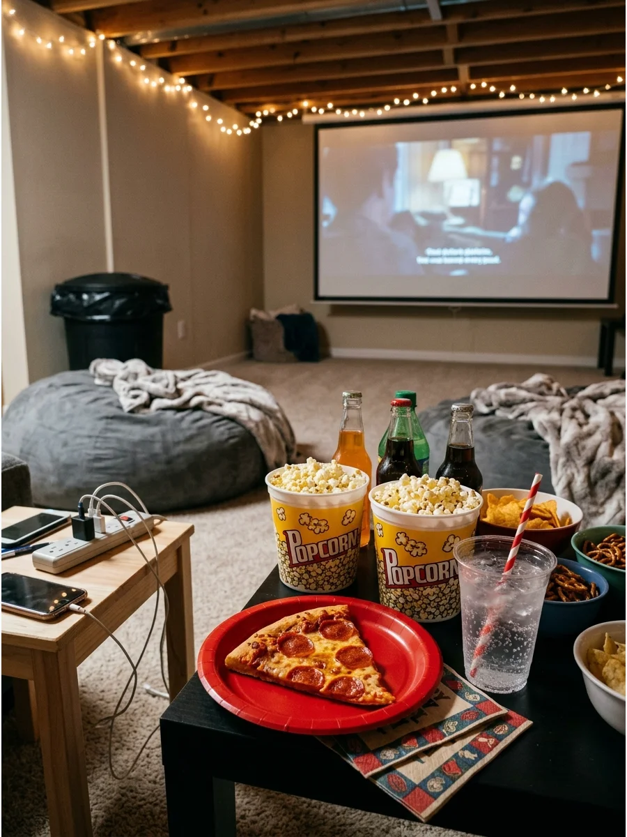 Teen movie lounge with beanbag chairs and a phone charging station.