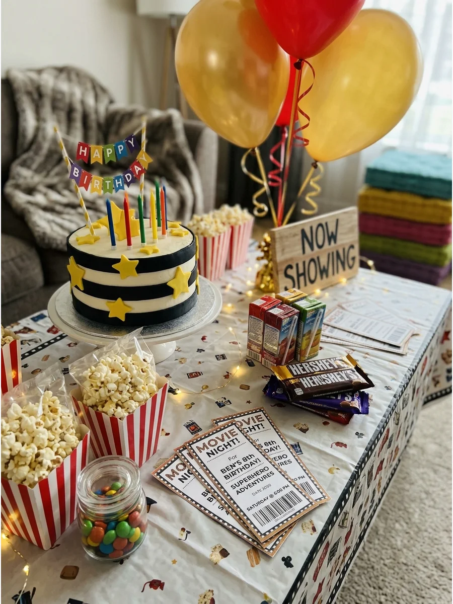 Birthday movie night setup with gold balloons and a cinema-themed cake.