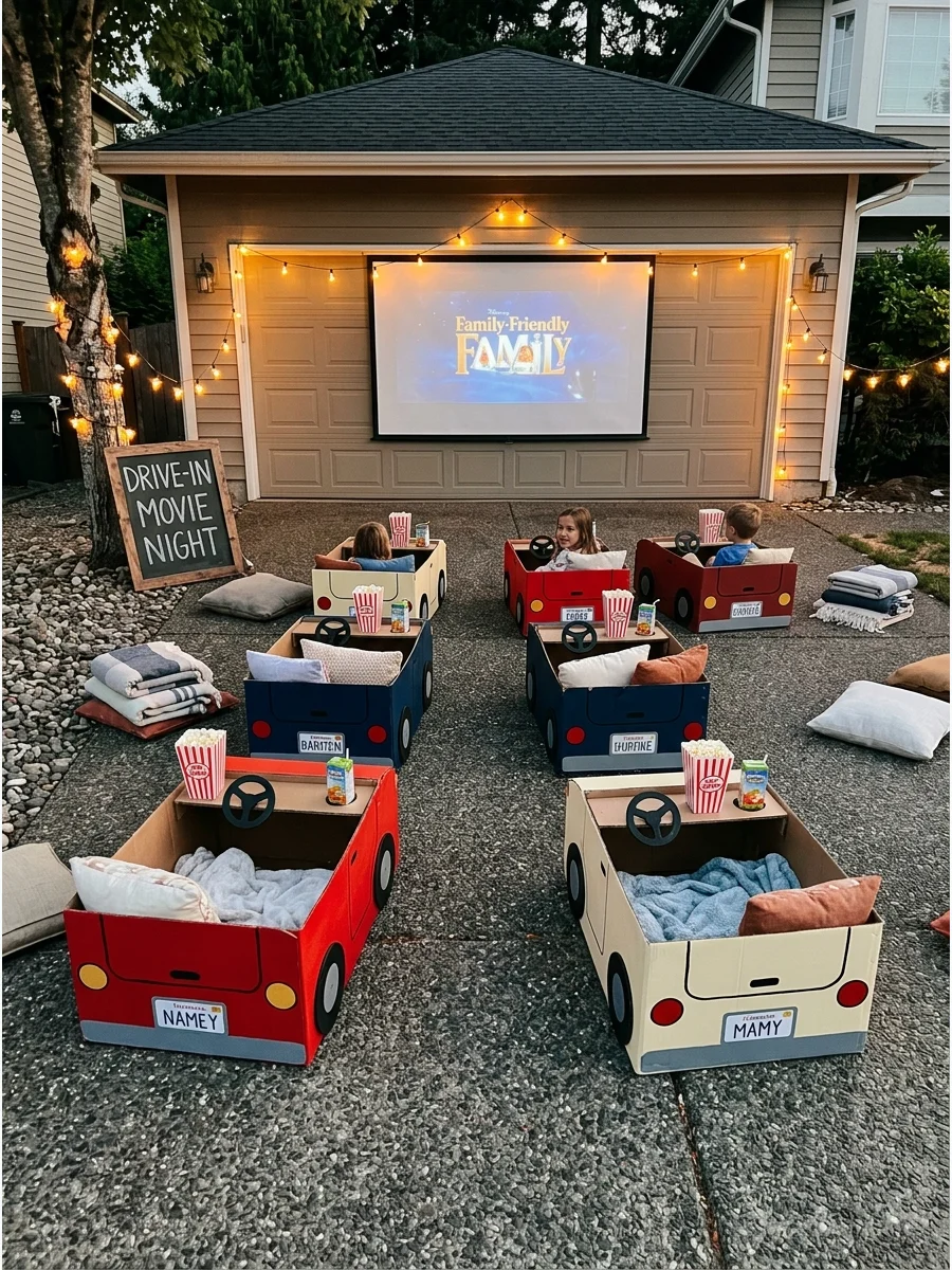 Cardboard boxes painted like cars arranged for a kids drive-in movie night.