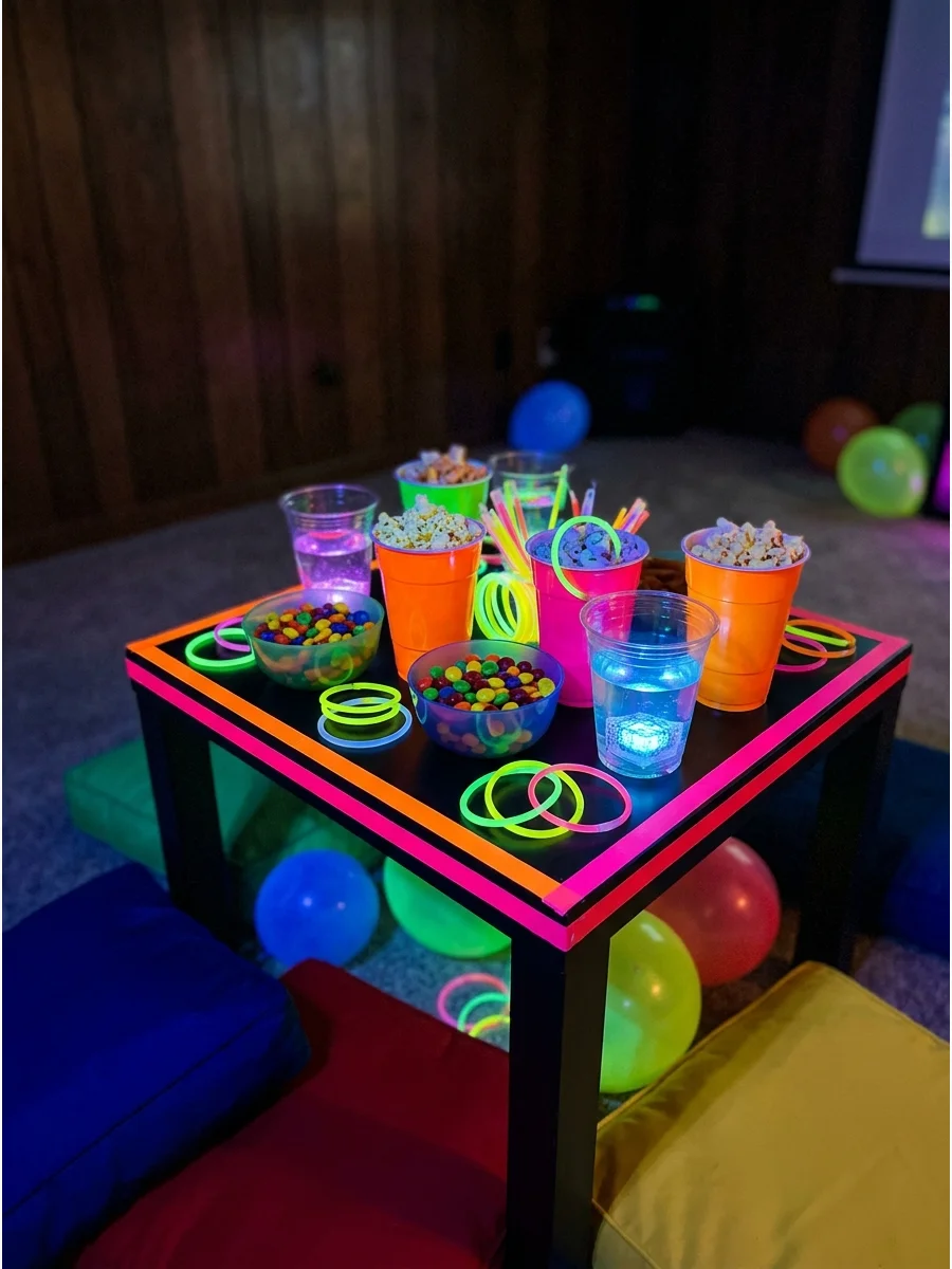 Glow-in-the-dark movie night with neon balloons and tape decorations.