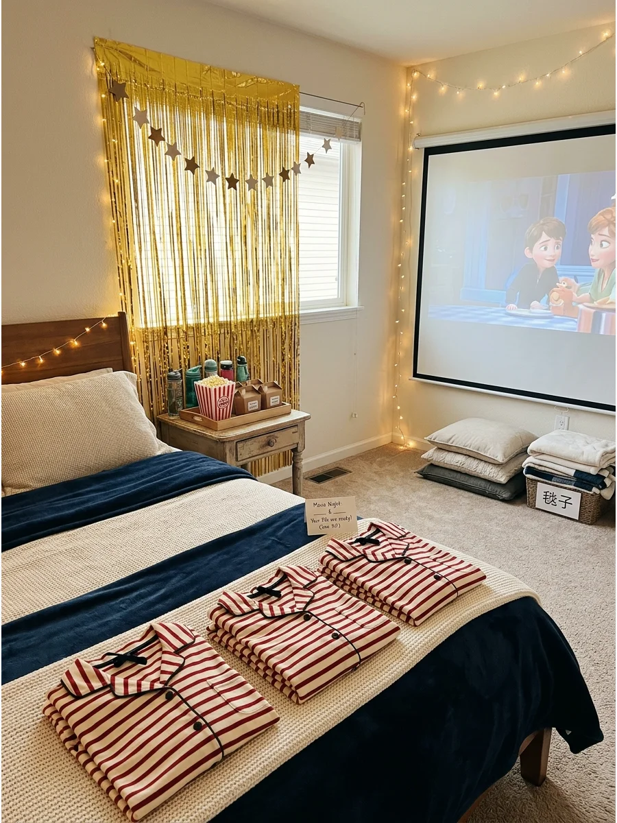 Matching striped pajamas laid out on a bed for a movie night party.
