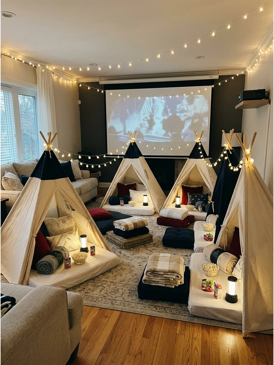 Indoor tent village with fairy lights for a kids movie night.