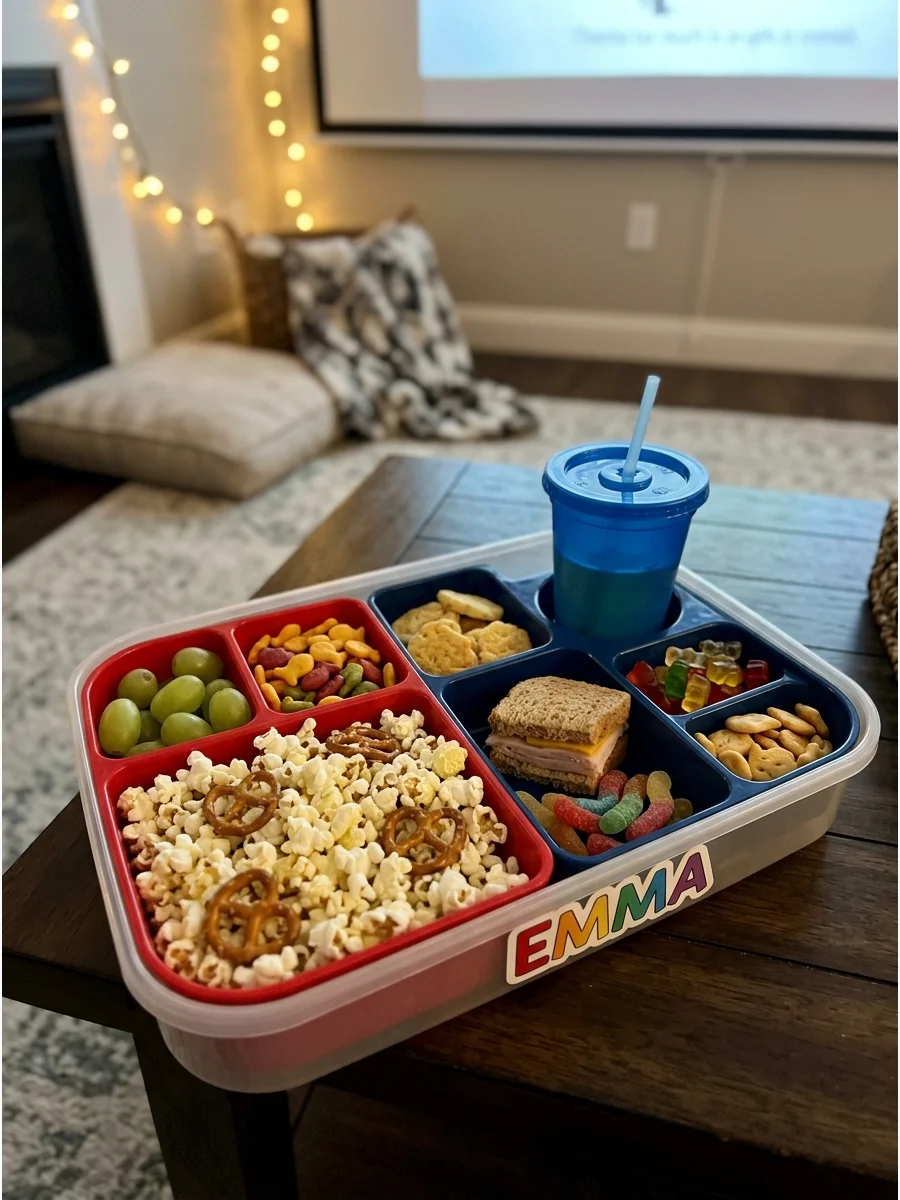 Divided snack tray with popcorn and fruit for a child's movie night.