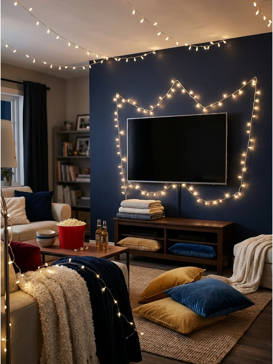 Fairy lights hanging on a wall behind a TV to create a cozy atmosphere.