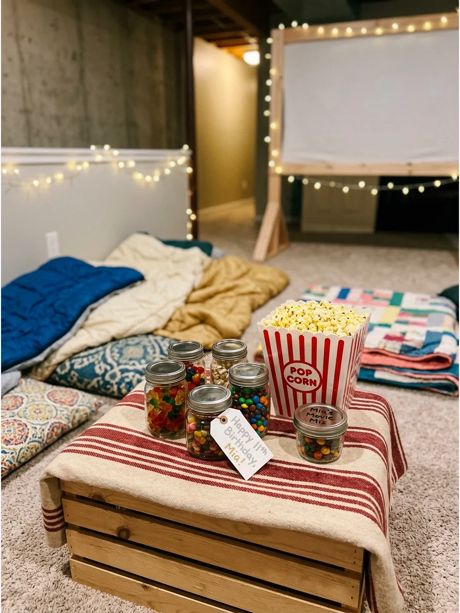 Sleeping bags and a snack table arranged for a movie night birthday sleepover.