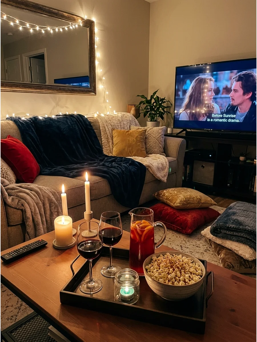 A romantic living room movie setup with candles and wine.