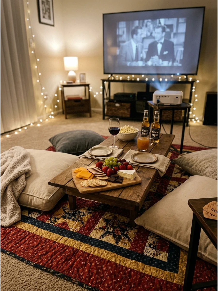 An indoor picnic setup with blankets and snacks on the floor.