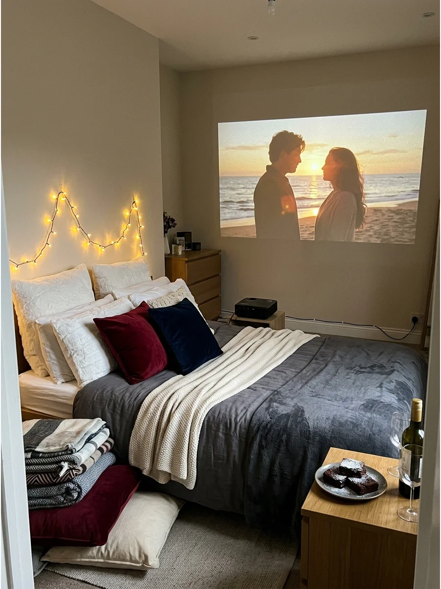 A bedroom movie setup with a projector and many pillows.