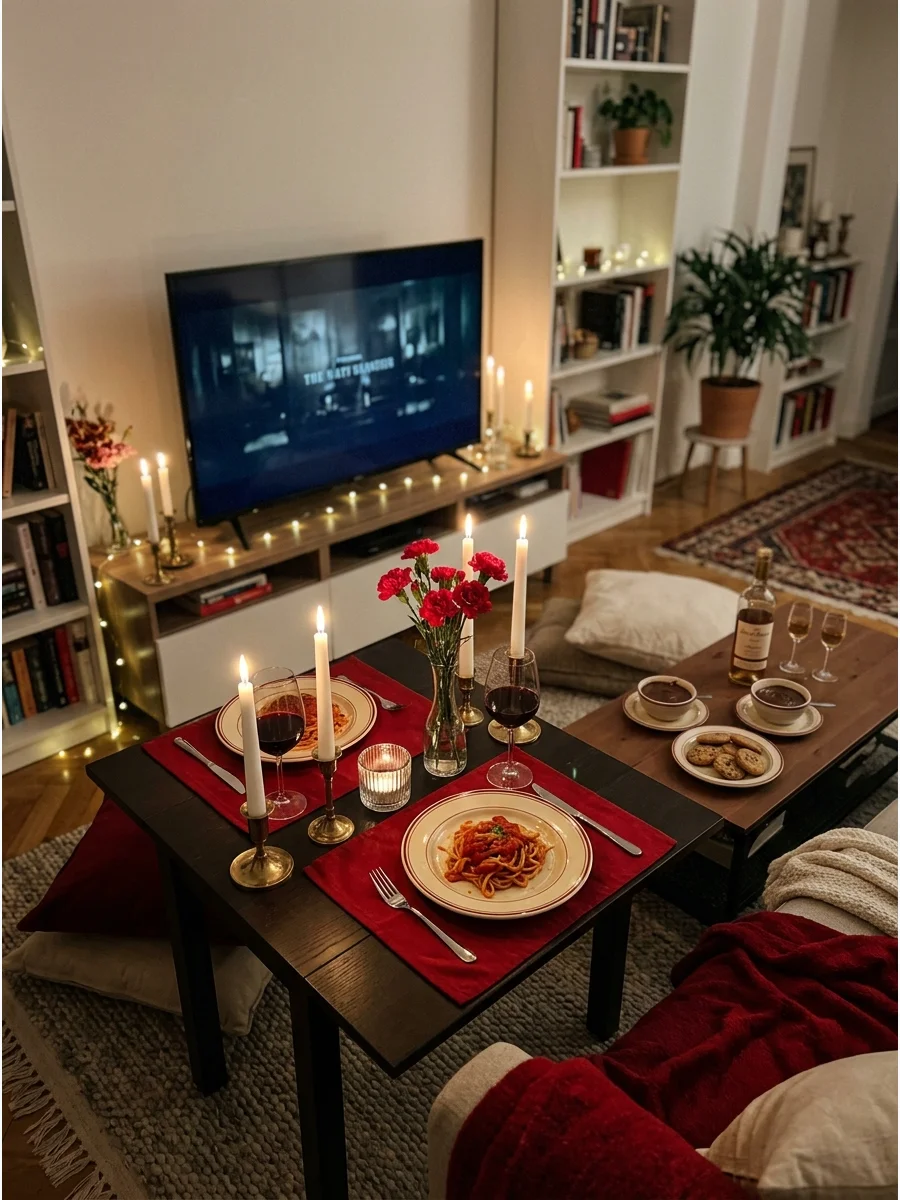 A candlelit dinner for two set up in front of a movie screen.