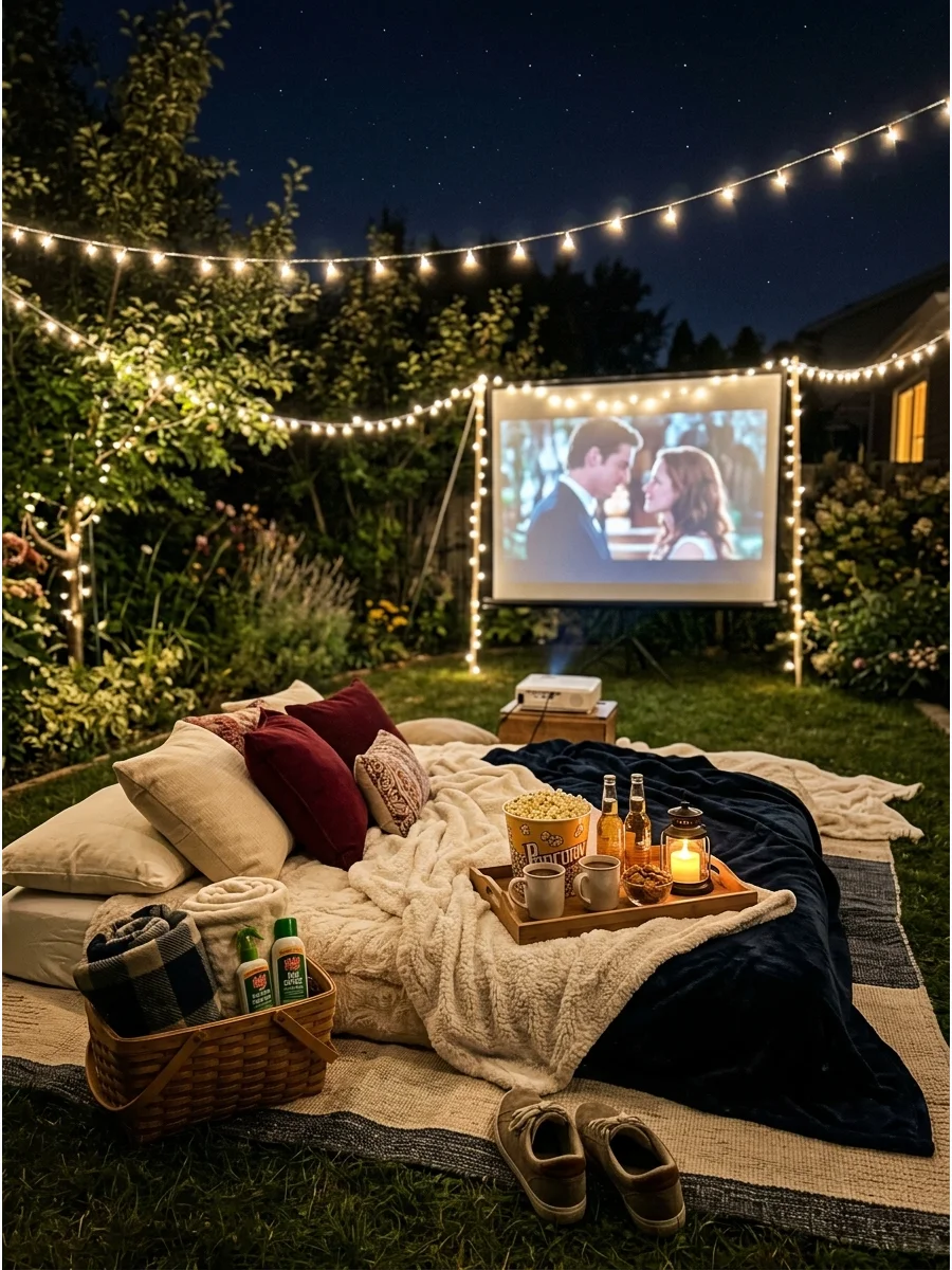 A cozy backyard movie setup with a mattress and string lights.