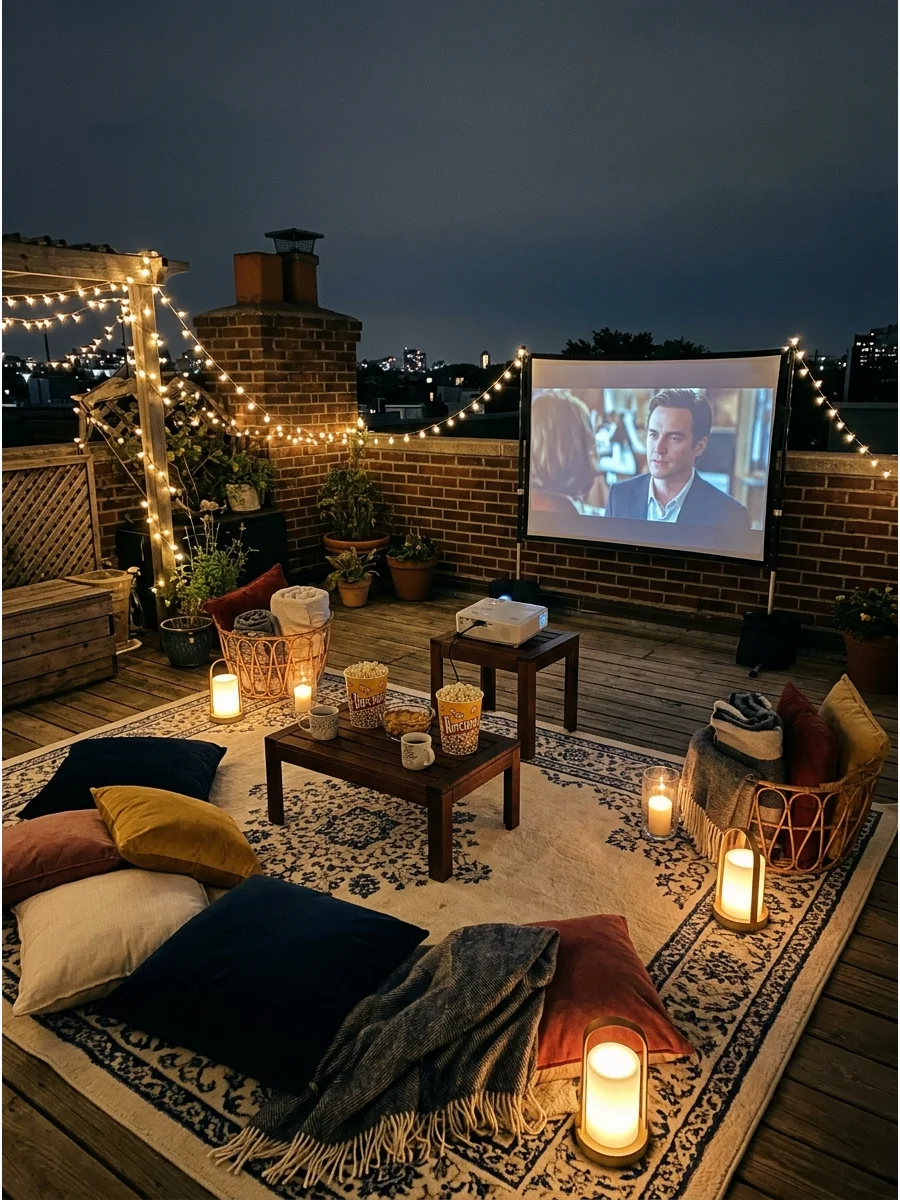 A rooftop movie night setup with pillows and lanterns.