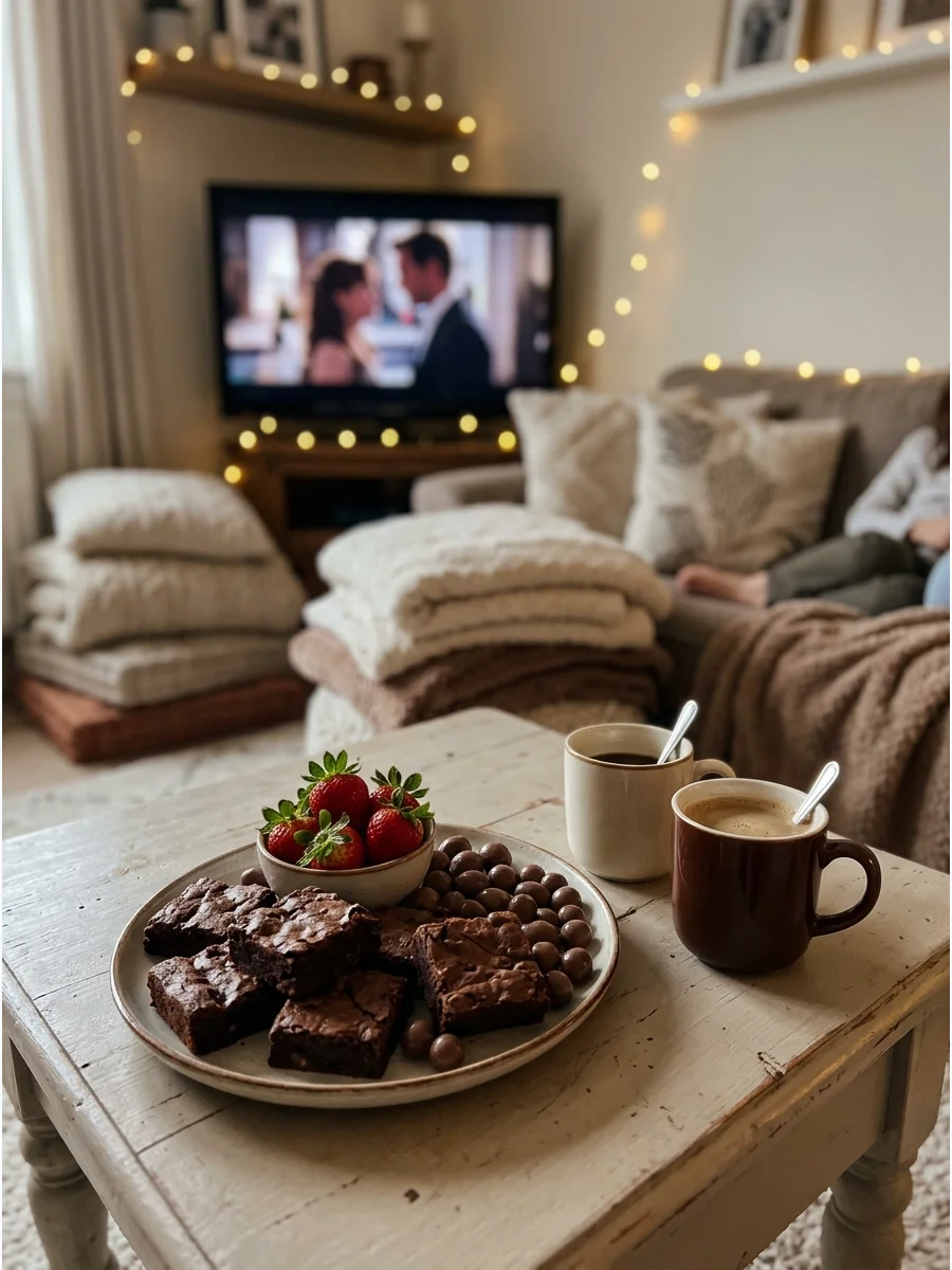 A dessert platter and coffee set up for a movie night.