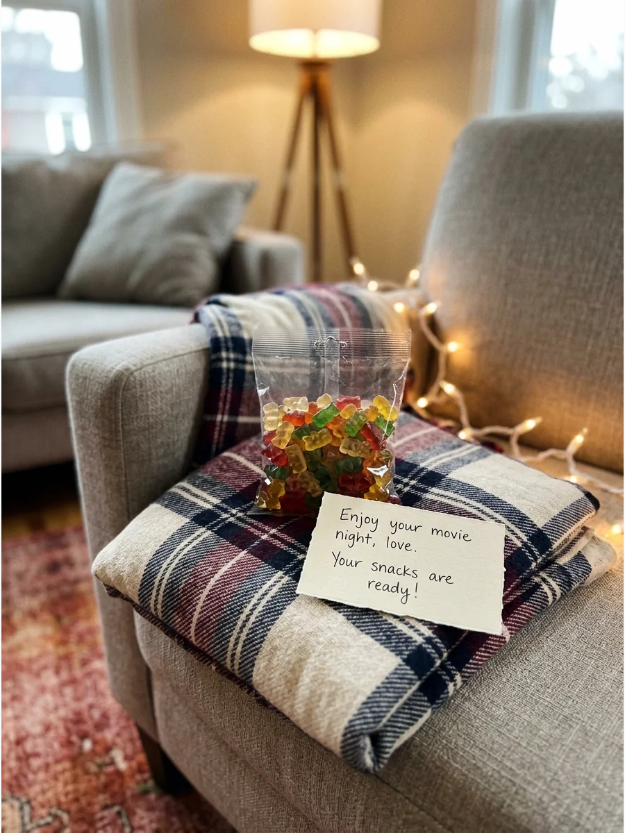 A surprise movie night setup with a personalized note on a chair.
