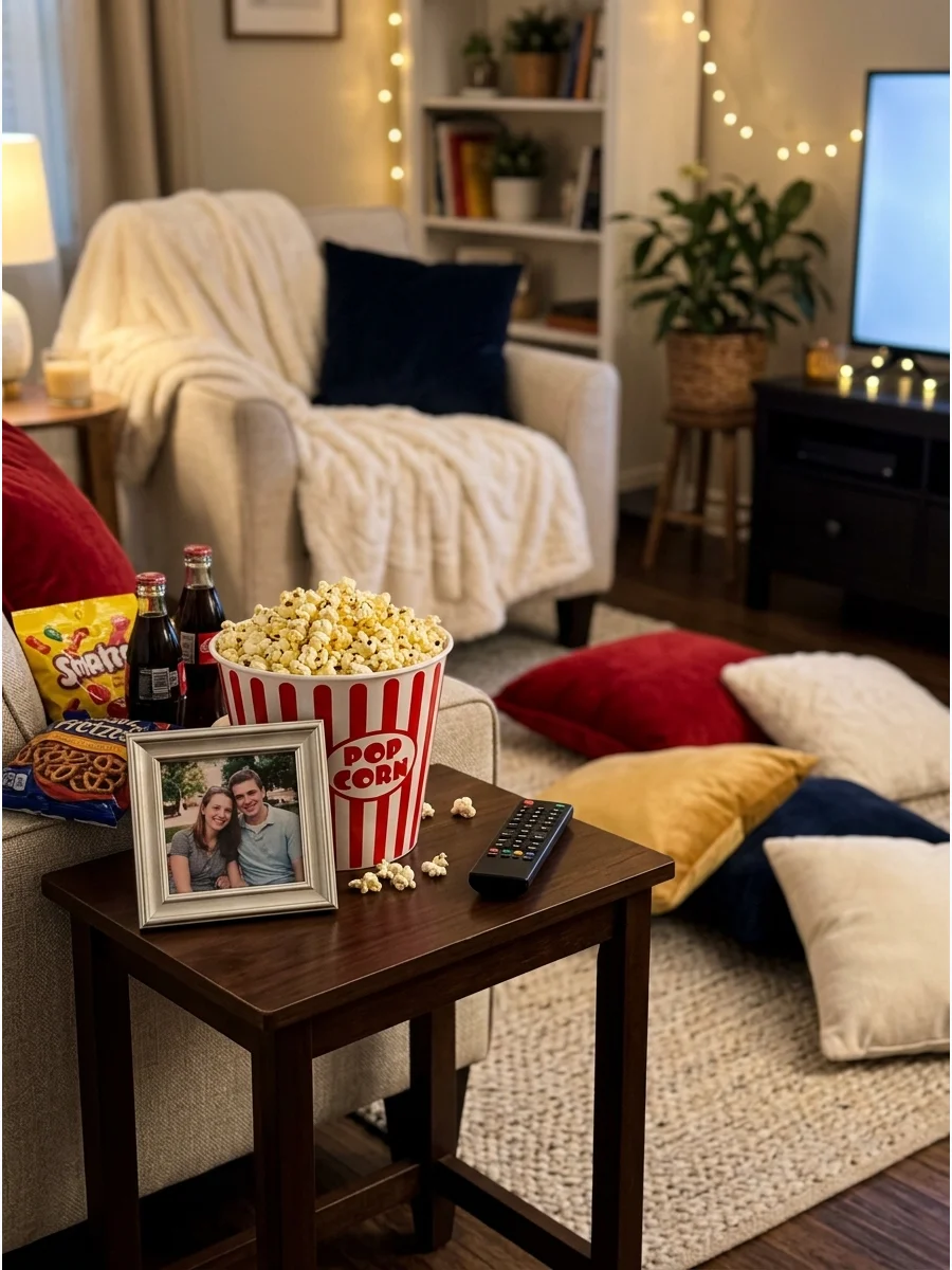 A nostalgic movie night setup with a photo and popcorn.