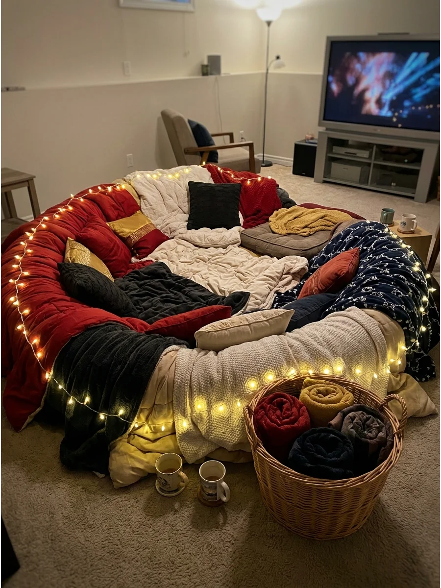 A communal blanket nest on the floor made of many blankets and pillows.