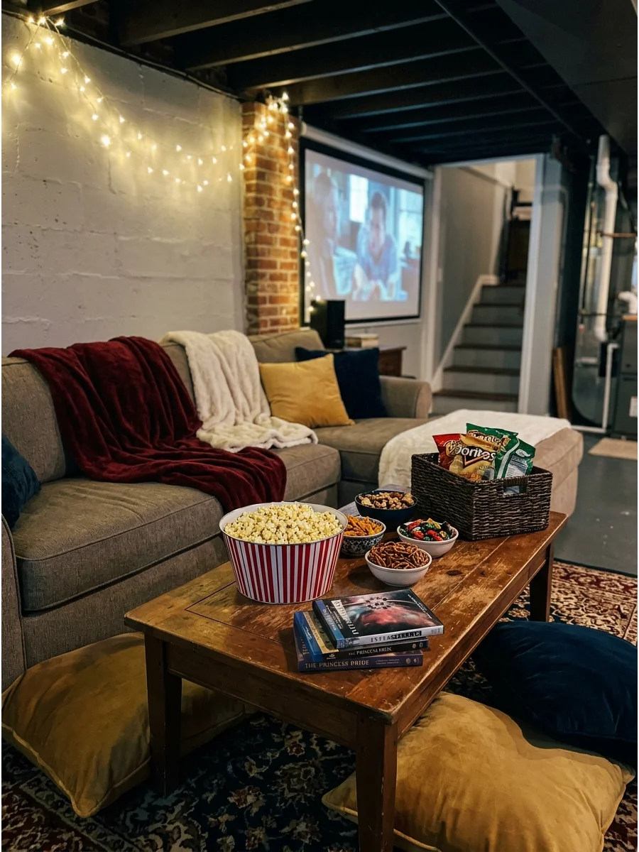 A movie marathon setup with snacks and multiple films ready.