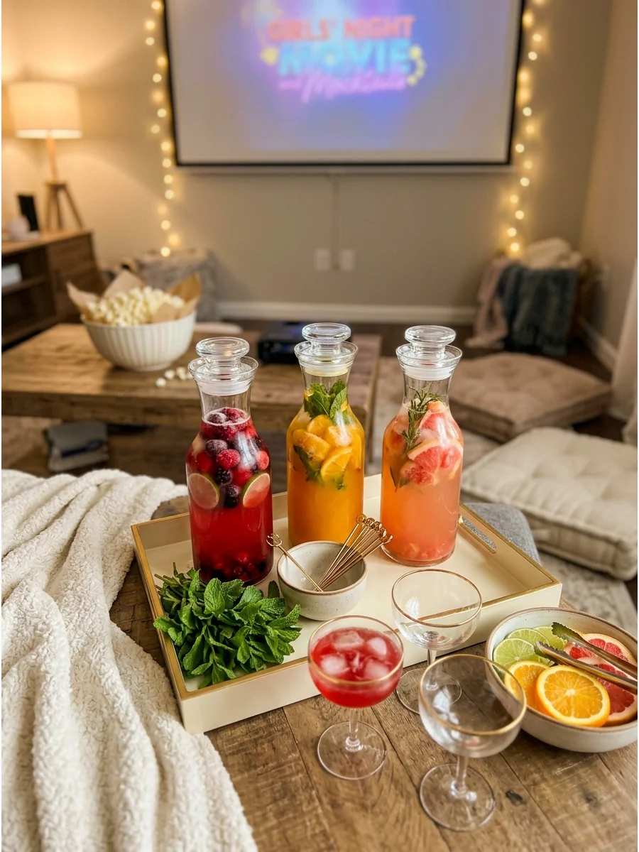 A mocktail station with glass carafes and fresh fruit garnishes on a tray.