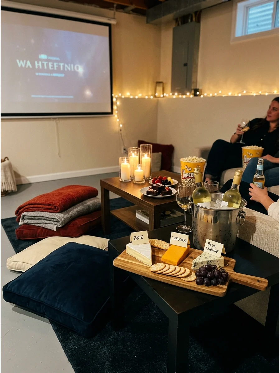 A charcuterie board with cheese and grapes next to a wine chiller.