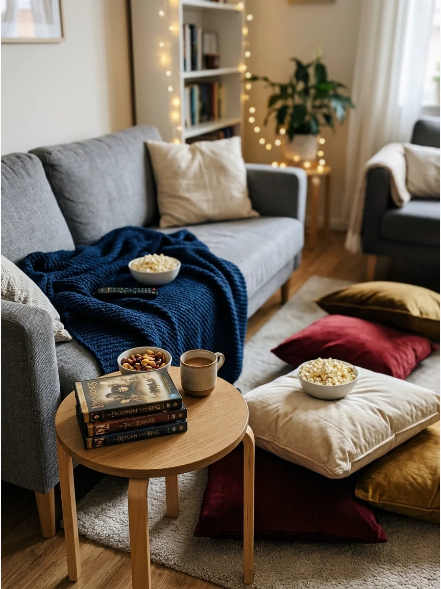 A stack of movie cases and a cozy blanket on a table.