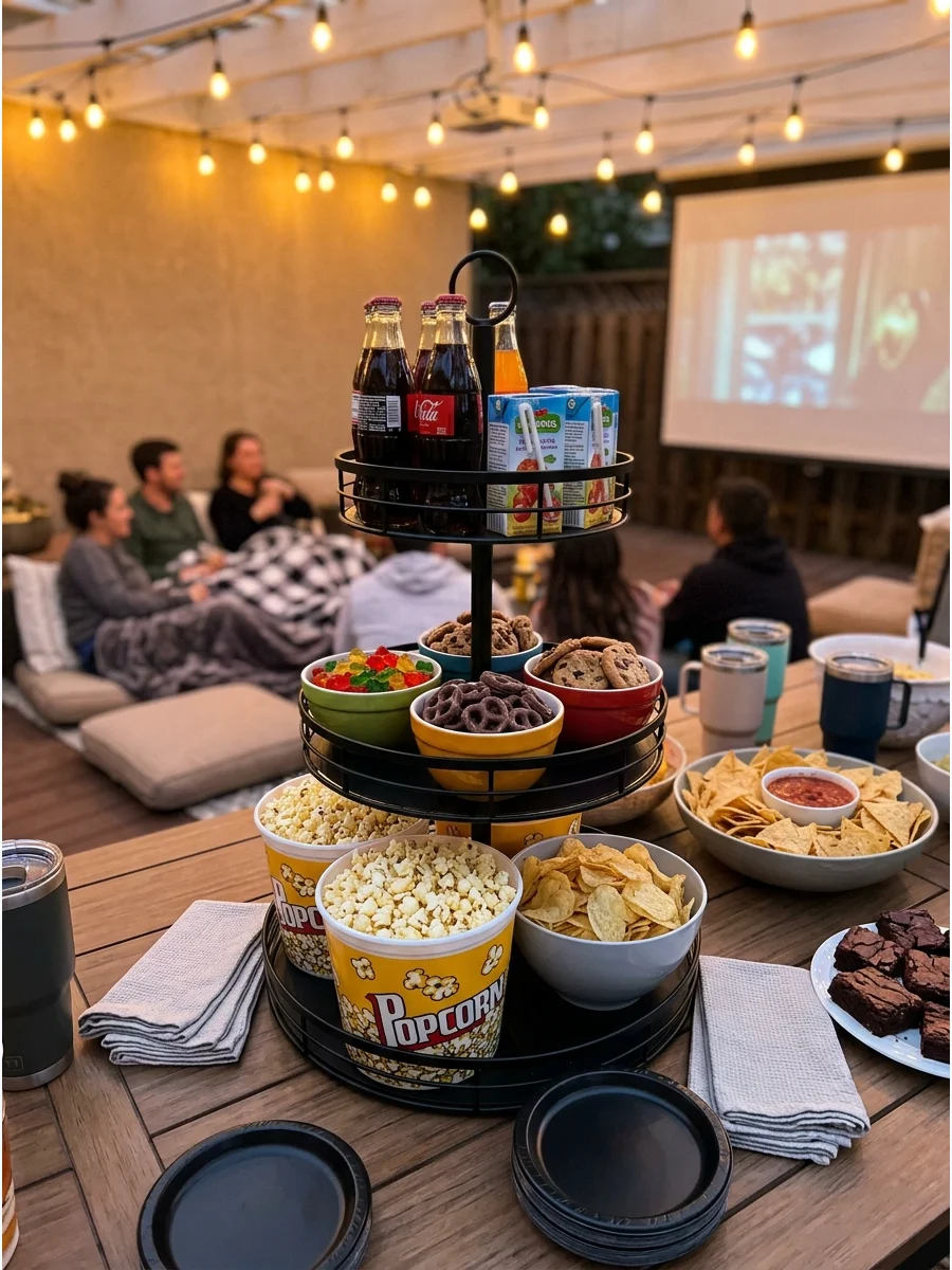 A potluck snack spread on an outdoor patio table with string lights.