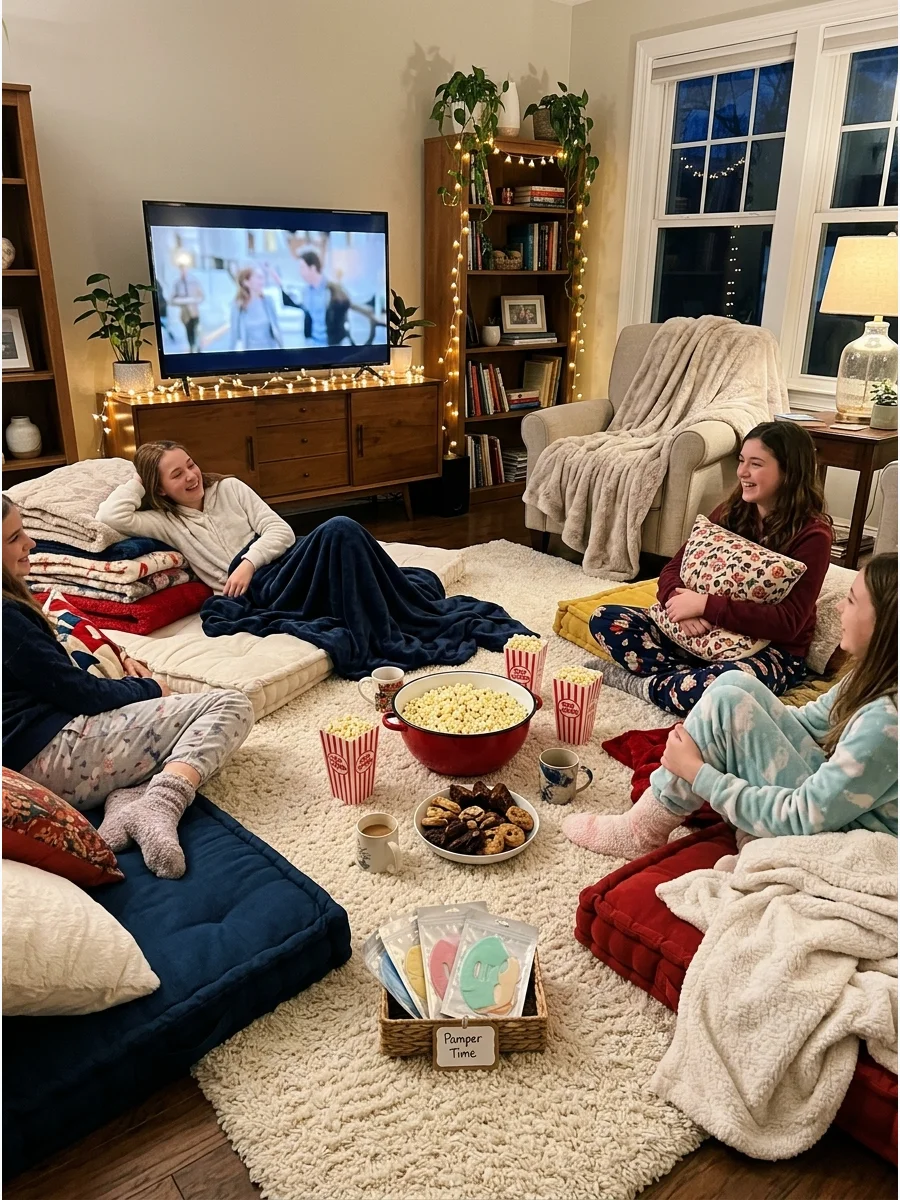 A large bowl of popcorn on a white rug with floor pillows.