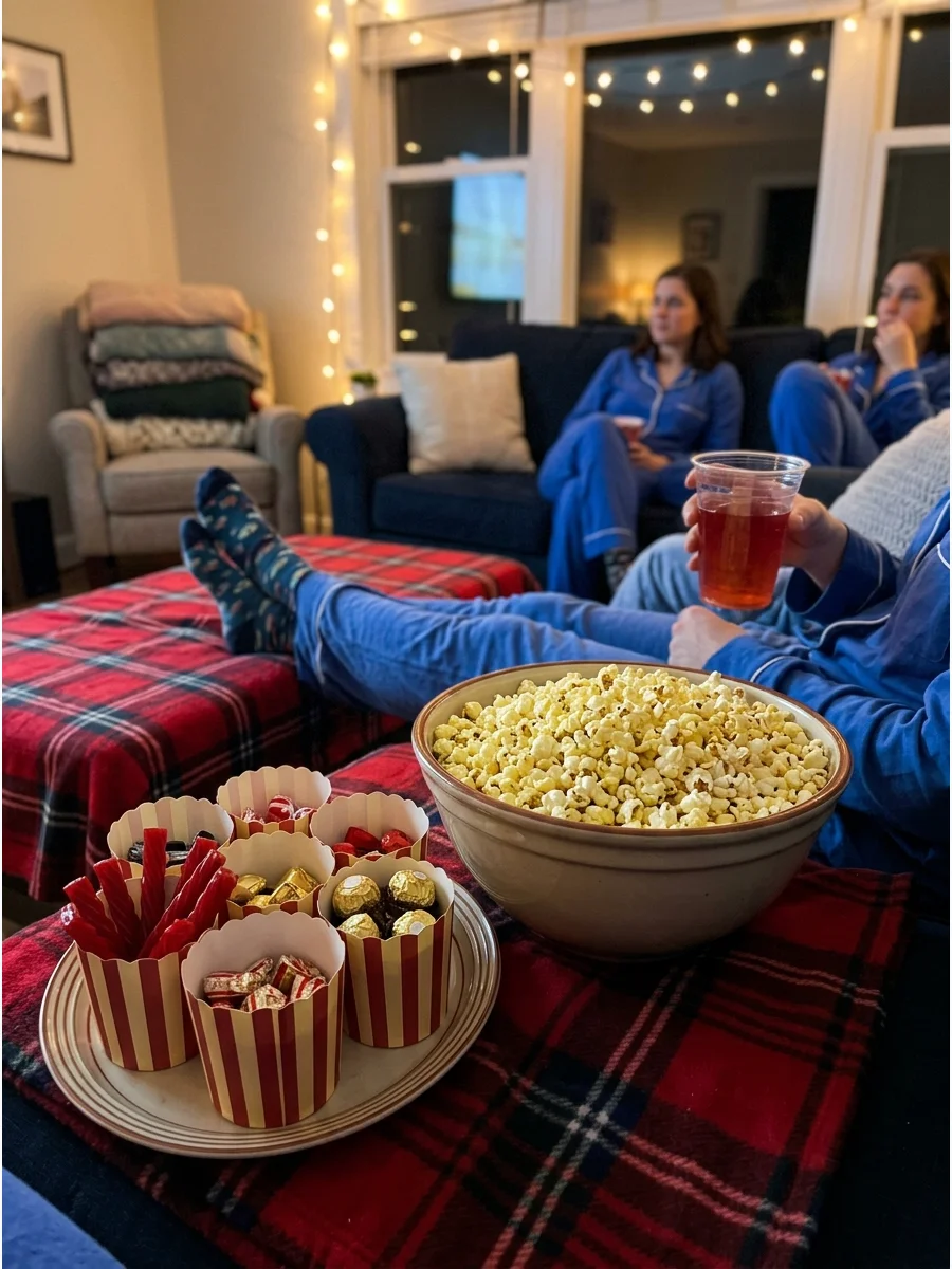 Friends in matching blue pajamas sitting together on a sofa.