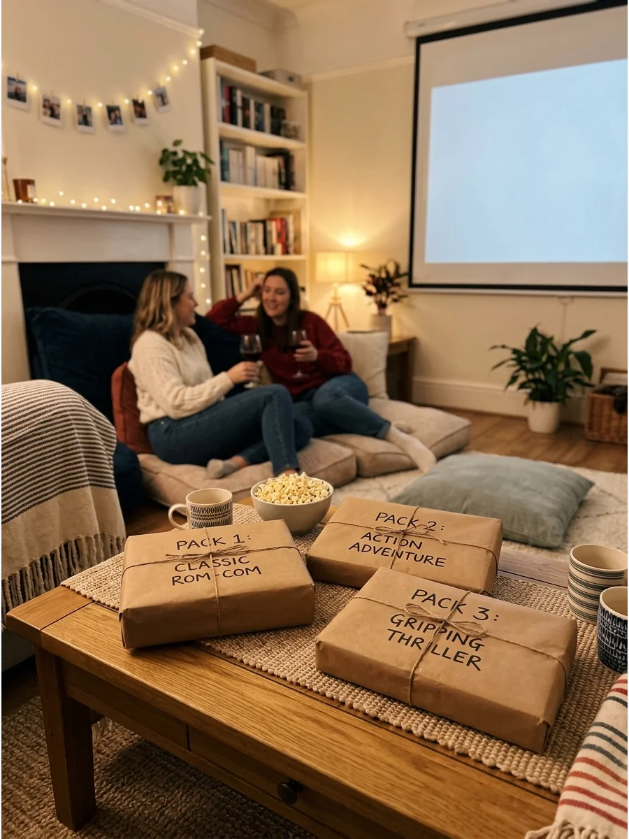 Three wrapped movies with clues written on the brown paper.