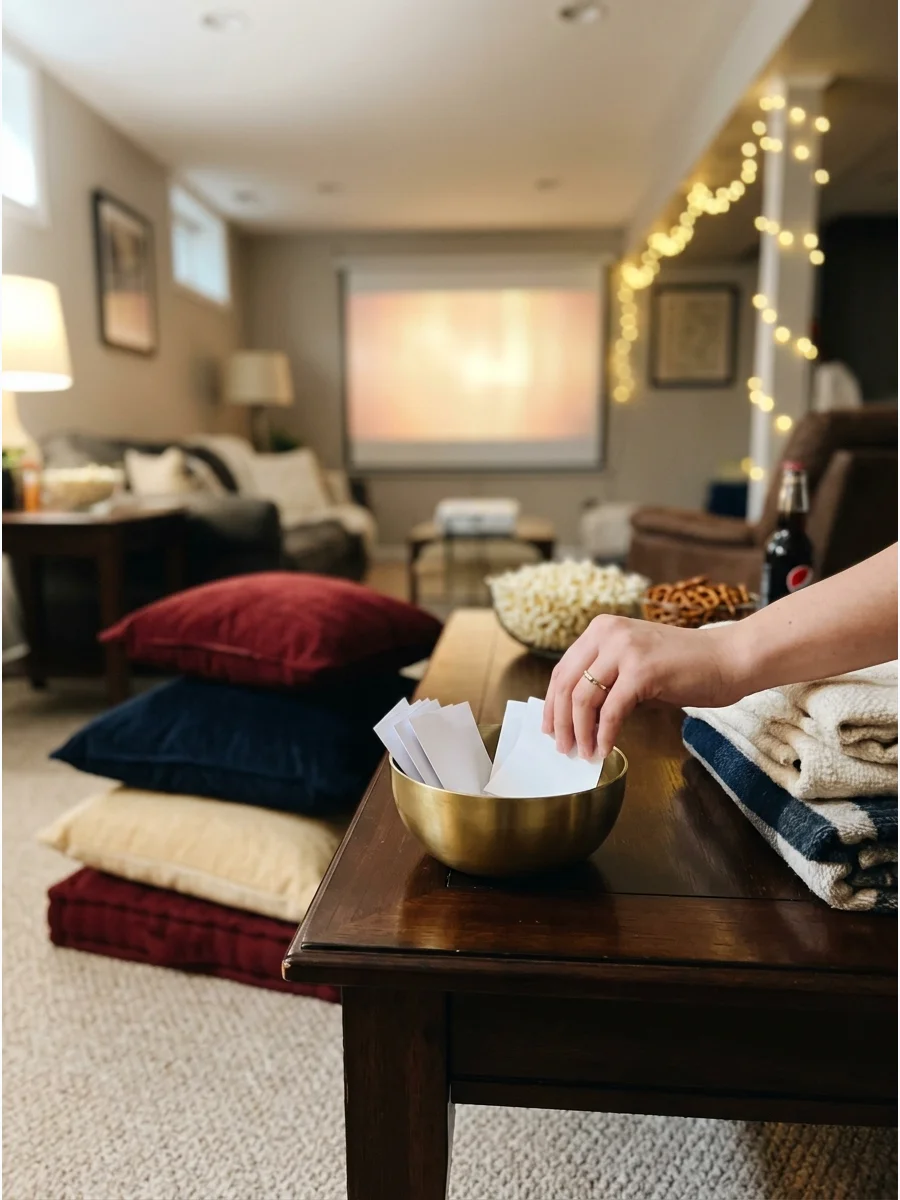A gold bowl containing folded slips of paper for a movie draw.