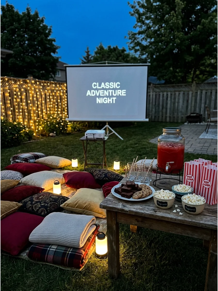 An outdoor movie screen set up in a backyard with lanterns.