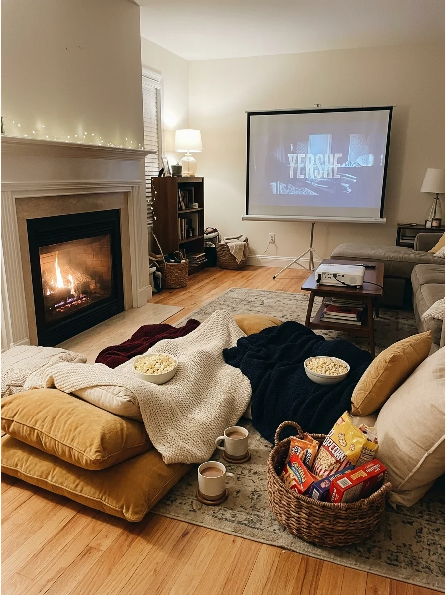A movie night setup in front of a warm fireplace with blankets and cushions.