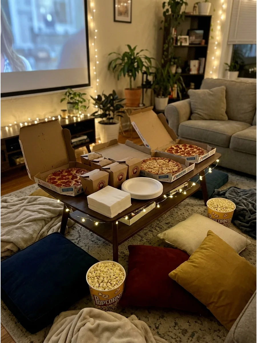 Pizza boxes on a coffee table with warm ambient lighting.