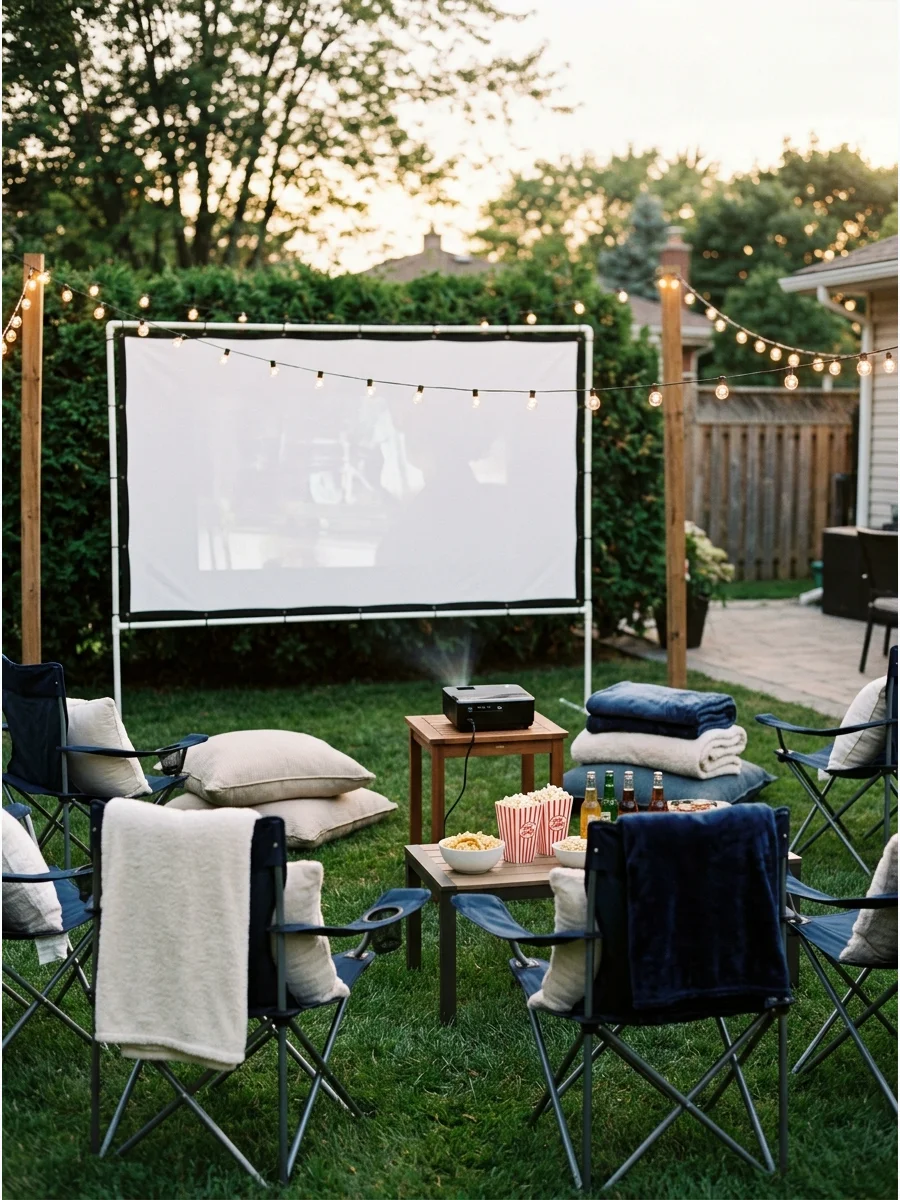 A backyard movie setup with a large screen and lawn chairs.